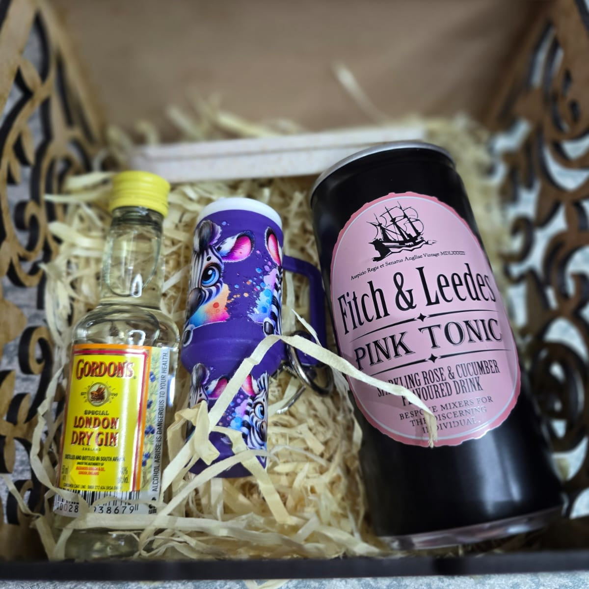 Mini pink tonic gift box with London dry gin, rose tonic and tumbler keyring in a laser-cut keepsake box — Everything Unique Creations