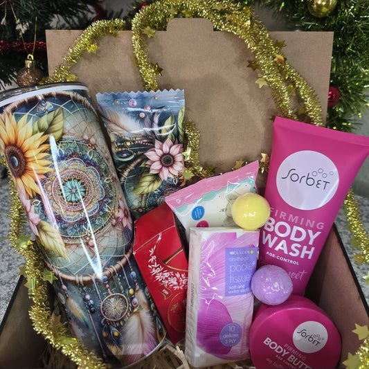 Ladies Executive Sunflower Dreamcatcher gift box with Sorbet products, custom tumbler and Lindt chocolate — Everything Unique Creations