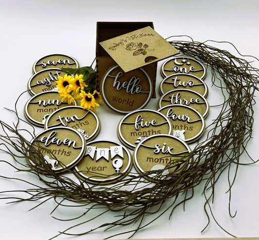 Baby Milestone Discs Set - 13 Wooden Discs & Keepsake Box - Everything Unique Creations