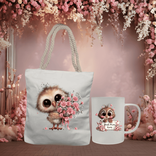 Cute Owl Mom Gift Set - Rope Tote & Frosted Mug