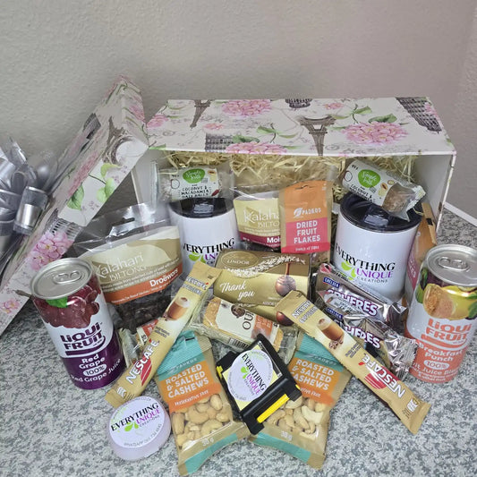 Couples luxury gift hamper with two custom mugs, biltong, chocolates and juice in a floral keepsake box — Everything Unique Creations