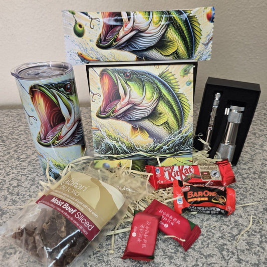 Deluxe fishing gift box for men with 3D bass tumbler, biltong, chocolates and stainless steel tools — Everything Unique Creations