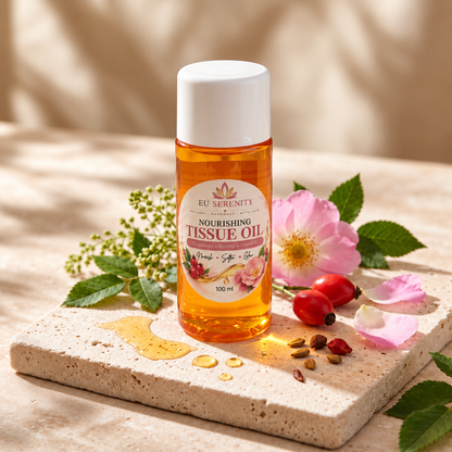 EU Serenity Nourishing Tissue Oil 100 ml with pink wild rose and rosehips on a stone tray
