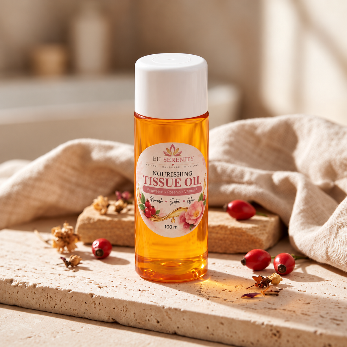 Nourishing Tissue Oil bottle with linen towel and fresh rosehips in warm sunlight