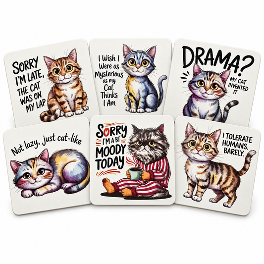 Kitty Cat Coaster Set - 6 MDF Coasters | Cat Lover Gift