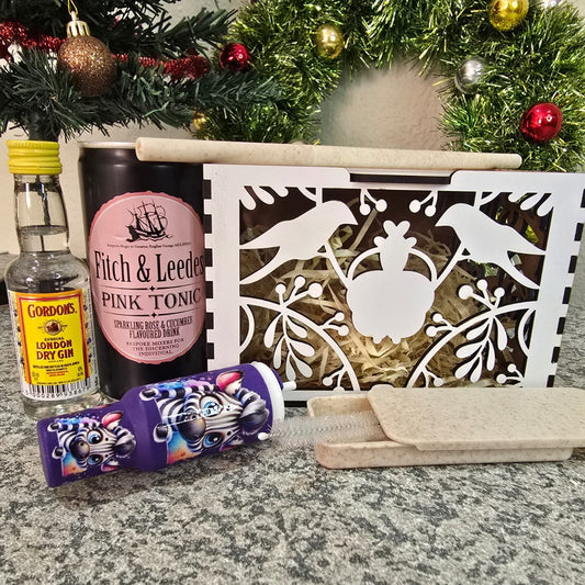 Mini pink tonic gift box with London dry gin, rose tonic and tumbler keyring in a laser-cut keepsake box — Everything Unique Creations
