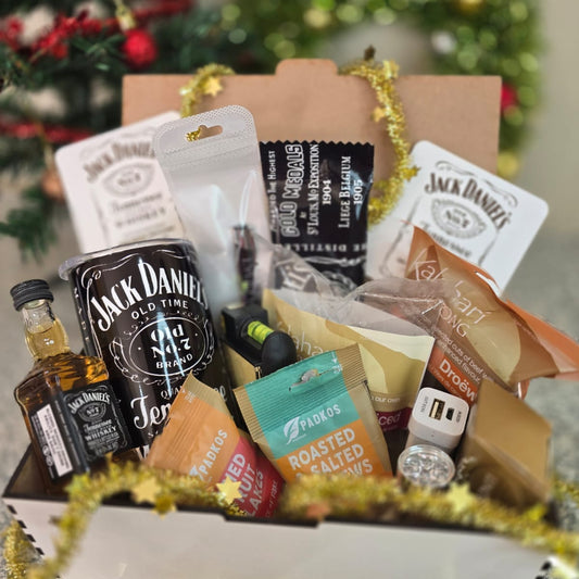 Modern Gentleman gift box with Jack Daniel's whiskey, custom 15oz tumbler, biltong and men's gadgets — Everything Unique Creations