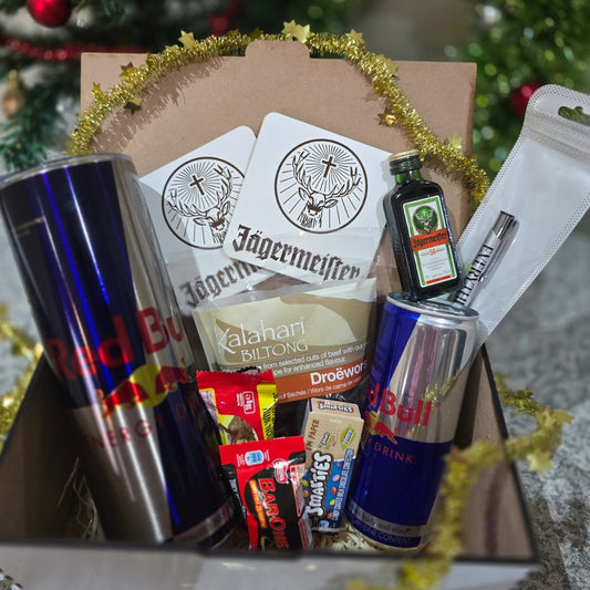 Jägermeister and Red Bull gift box for men with custom 20oz tumbler, droëwors and chocolates — Everything Unique Creations