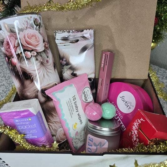 Ladies Executive Floral Highland gift box with highland cow tumbler, Sorbet products and chocolate — Everything Unique Creations