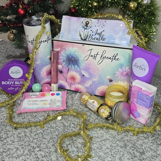 Ladies Executive Just Breathe gift box with Sorbet products, custom tumbler, candle and Ferrero Rocher — Everything Unique Creations