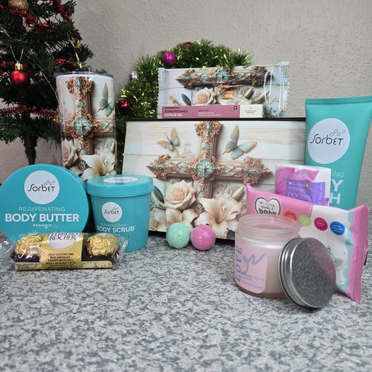 Ladies Executive Relax & Radiate gift box with Sorbet pamper products, custom tumbler and Ferrero Rocher — Everything Unique Creations