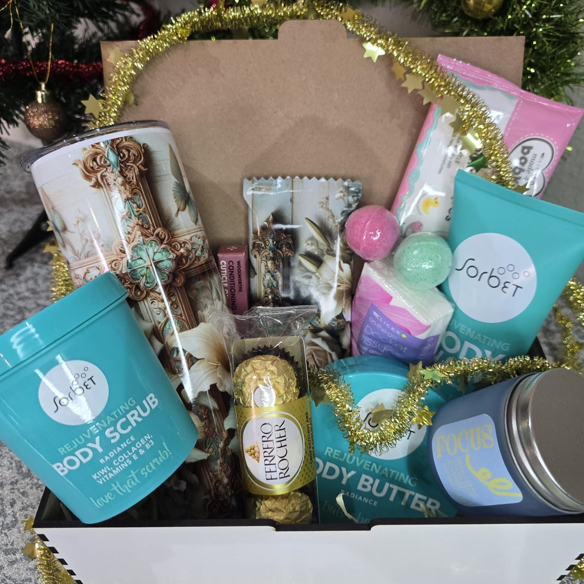 Ladies Executive Relax & Radiate gift box with Sorbet pamper products, custom tumbler and Ferrero Rocher — Everything Unique Creations