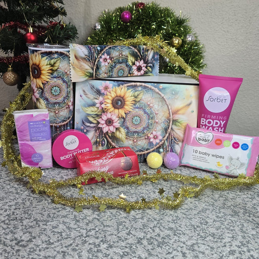 Ladies Executive Sunflower Dreamcatcher gift box with Sorbet products, custom tumbler and Lindt chocolate — Everything Unique Creations