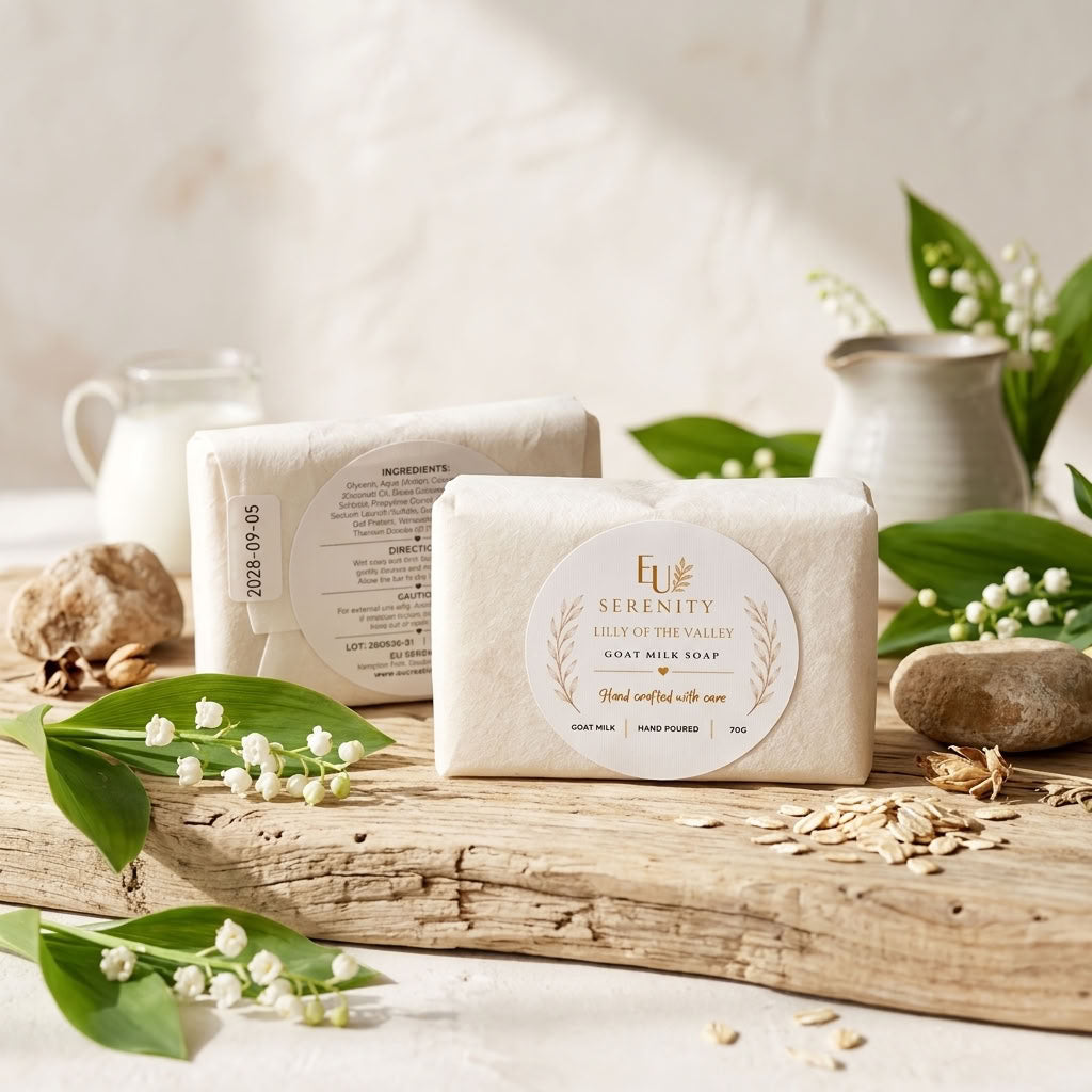 Lilly of the Valley Goat Milk Soap on driftwood with oats and flowers