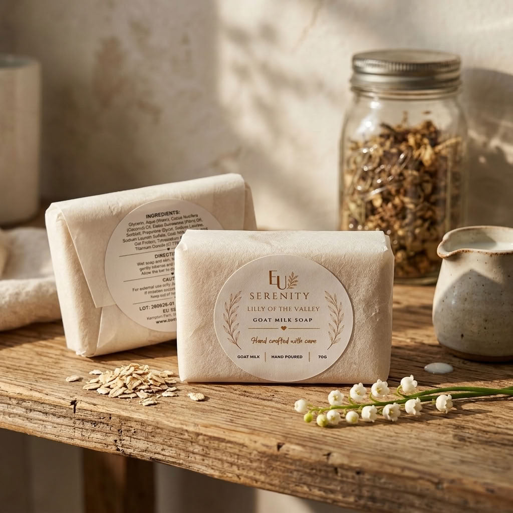 Lilly of the Valley Goat Milk Soap on a wooden table in warm light