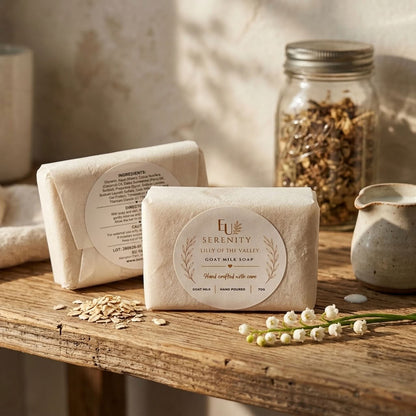 Lilly of the Valley Goat Milk Soap on a wooden table in warm light