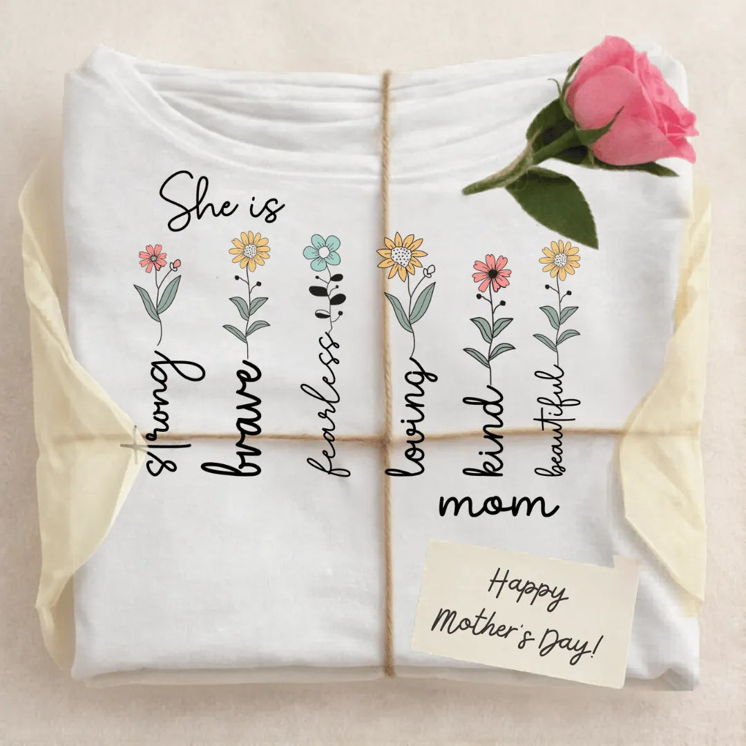 Mother's Day Floral T-Shirt - She Is Strong & Brave | White Sublimation Tee - Everything Unique Creations