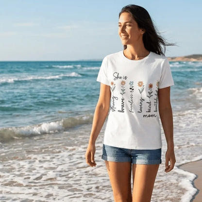 Mother's Day Floral T-Shirt - She Is Strong & Brave | White Sublimation Tee - Everything Unique Creations