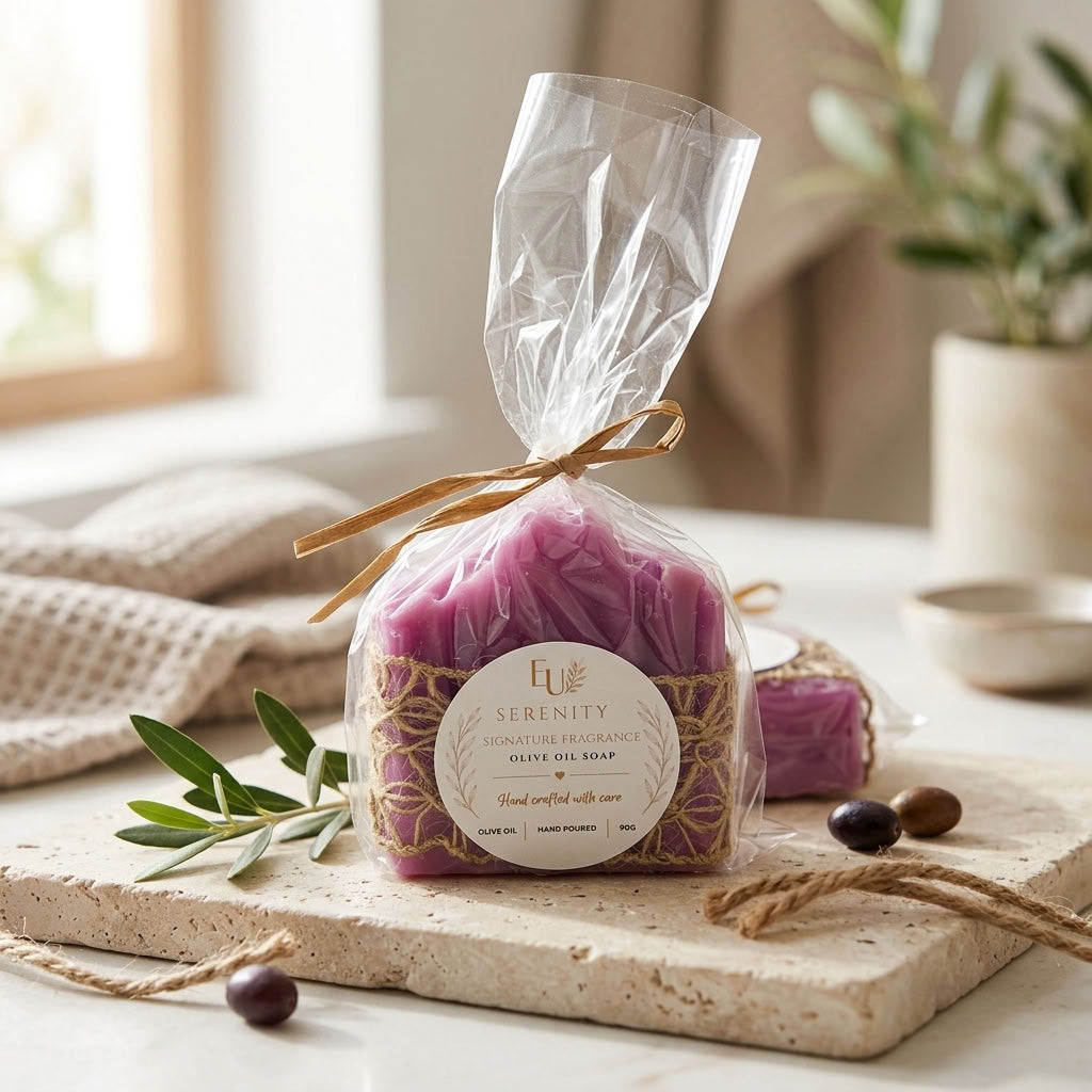 EU Serenity Signature Fragrance Olive Oil Soap gift-wrapped with jute soap saver and olive leaves