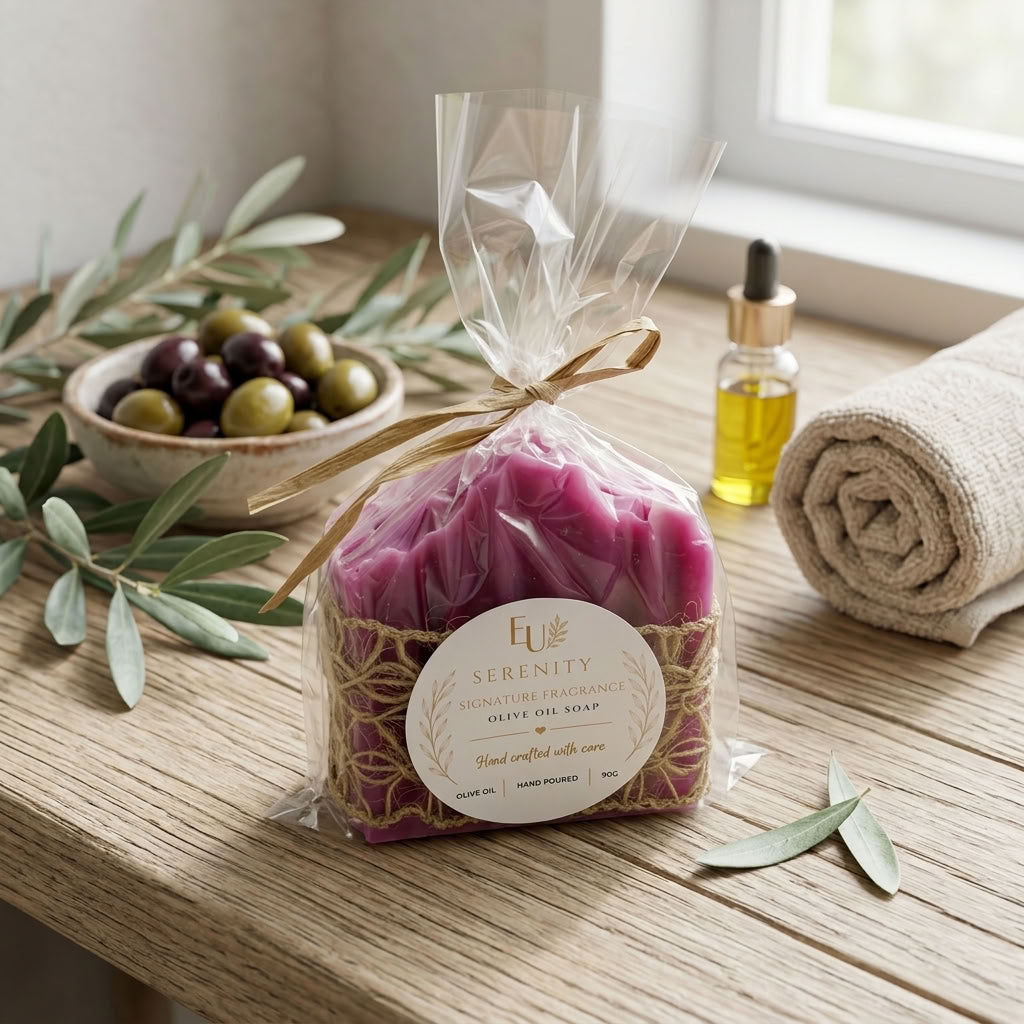 Signature Fragrance Olive Oil Soap on a wooden table with olives and a towel