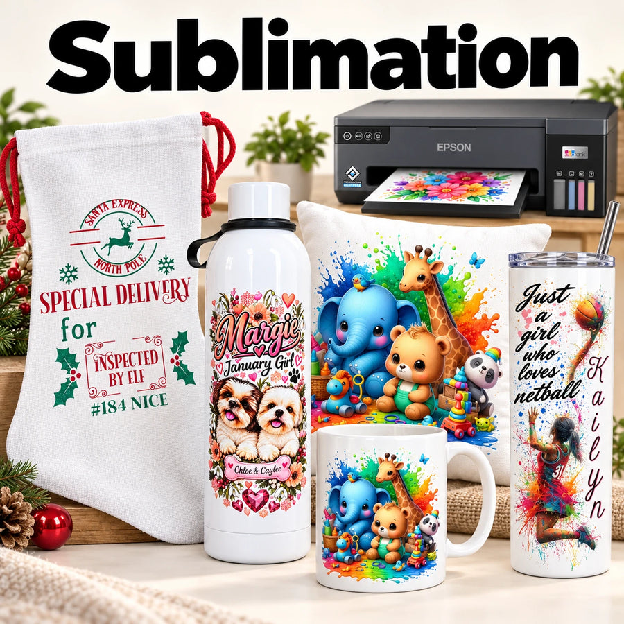 Sublimation prints on a mug, water bottle, tumbler, cushion and gift bag