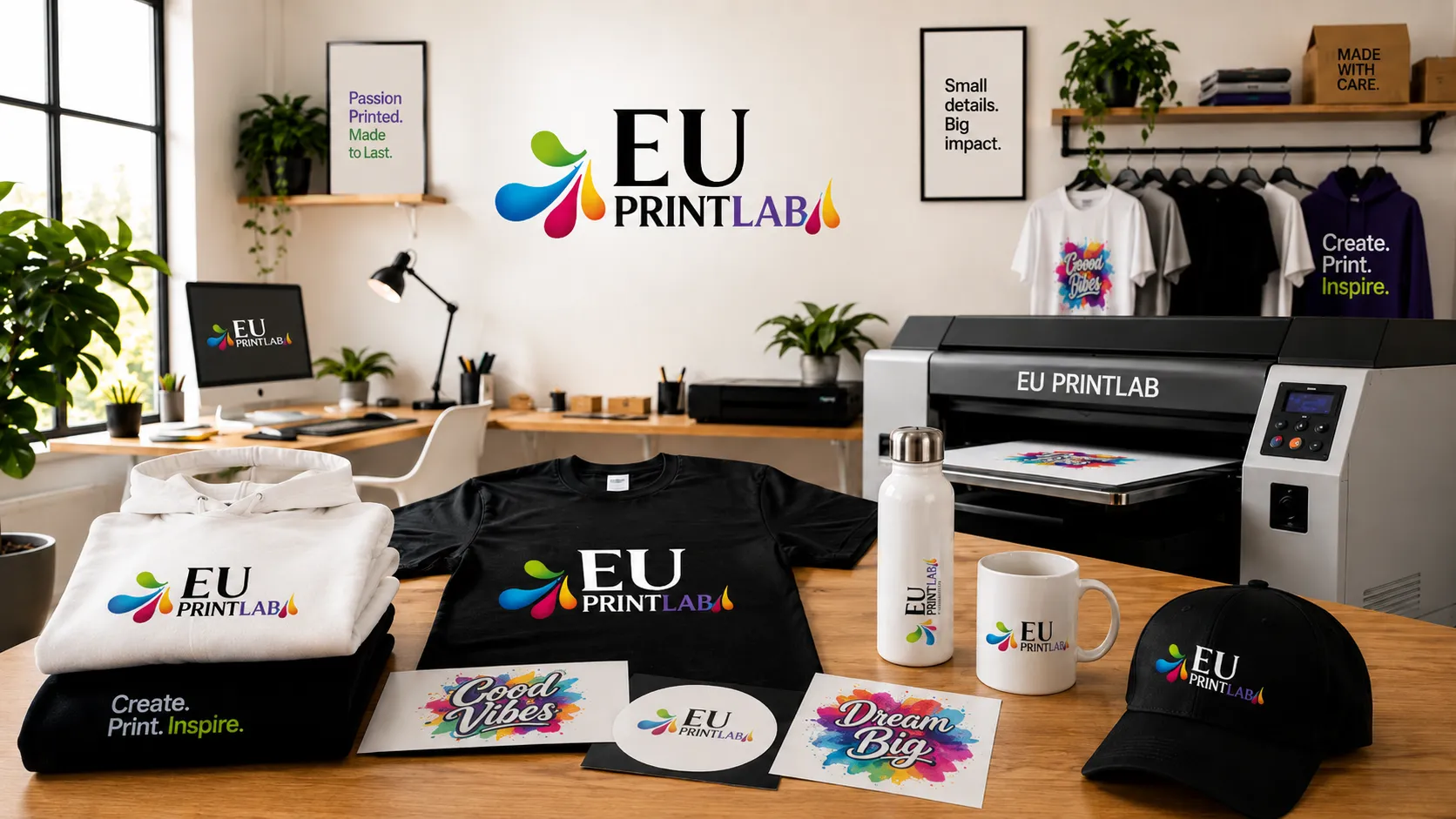 EU PrintLab workspace with custom printed products