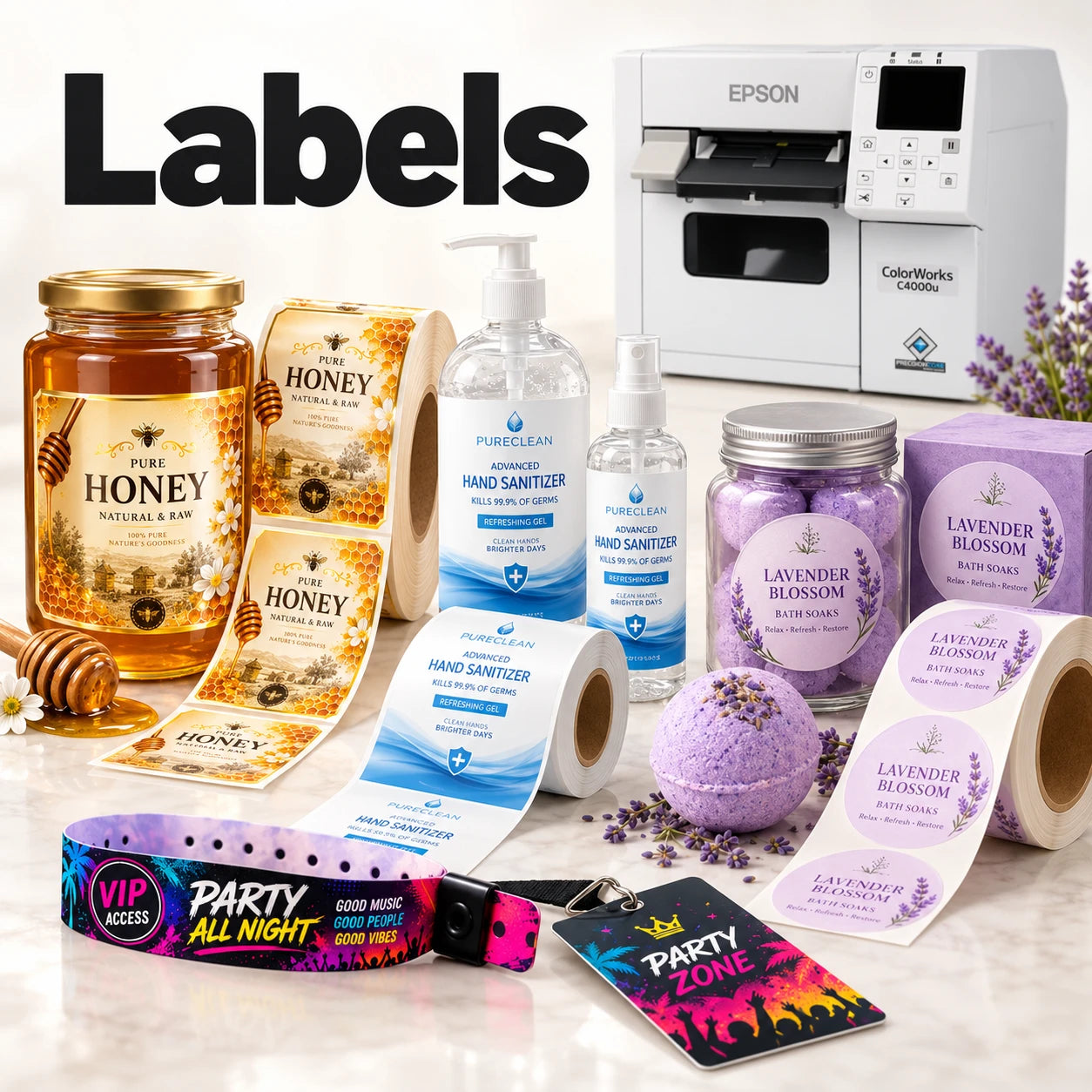 Printed labels on honey jars, sanitiser bottles and bath soaks, with event wristbands and badges