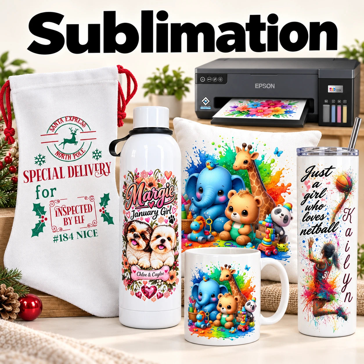 Sublimation prints on a mug, water bottle, tumbler, cushion and gift bag, with the sublimation printer