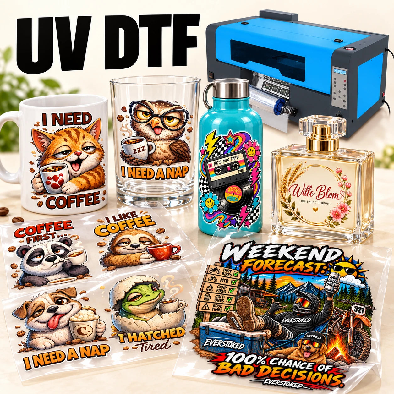 UV DTF stickers on a mug, a glass, a water bottle and a perfume bottle, with the UV DTF printer