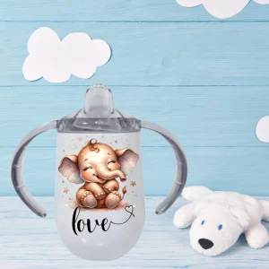 Custom 320ml stainless steel egg sippy cup with cute baby elephant and “Love” print
