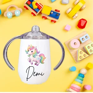 320ml stainless steel sippy cup with unicorn design and personalized name print
