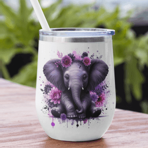 Insulated white stainless steel gin tumbler featuring a whimsical purple baby elephant with floral crown – perfect for cocktails or gifting
