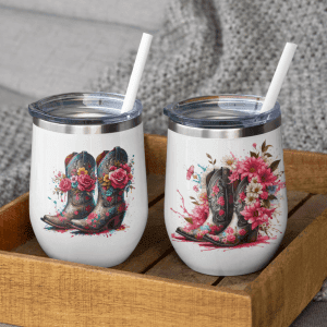 White insulated stainless steel gin tumblers featuring colorful western-style cowboy boots with vibrant floral accents – ideal for country lovers or rustic gifts