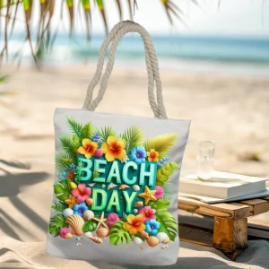 Luxury rope bag with colorful beach day design, tropical theme with shells and flowers