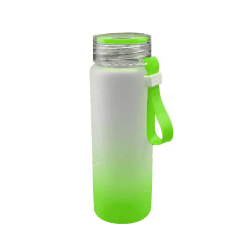 500ml frosted glass sublimation bottle with green silicone strap and matte finish