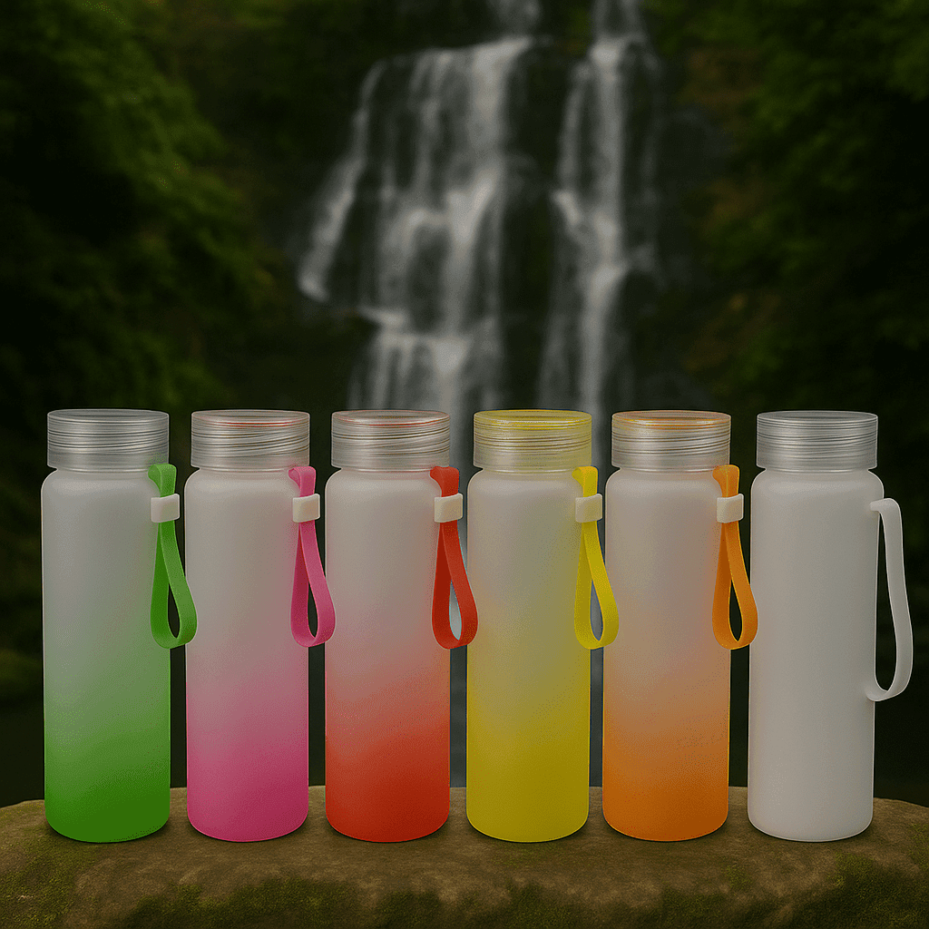 Set of 500ml frosted glass sublimation bottles in multiple colours – green, pink, red, yellow, orange, and plain frosted – with silicone straps