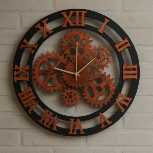 “Copper gear wall clock with Roman numerals – industrial steampunk décor”