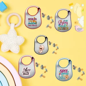 Neoprene baby bibs in multiple colors – blue, pink, purple, red, and black. Durable, customizable, and easy to clean bib set