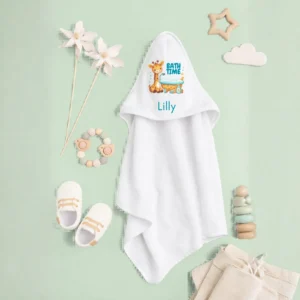 Personalised baby hooded towel with name flat lay baby gift
