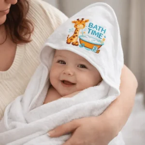 Baby wrapped in personalised hooded towel bath time baby gift