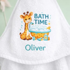 Close-up personalised baby towel with name Oliver embroidered hood