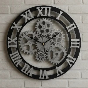 “Silver gear wall clock with Roman numerals – steampunk industrial décor”