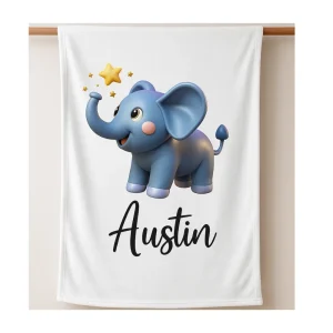 Personalized sublimation polyester baby receiving blanket with blue elephant and star design
