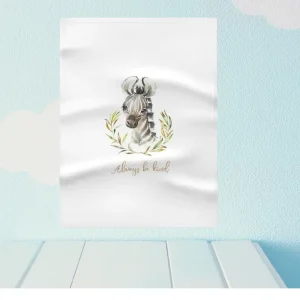 Custom sublimation polyester baby receiving blanket with zebra and “Always Be Kind” desig