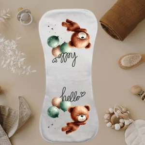 Custom sublimation baby burp cloth with teddy bear design and “Hello” print