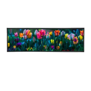 96x26cm Black Rubber Bar Mat with sublimation print of colorful tulip flowers in bloom