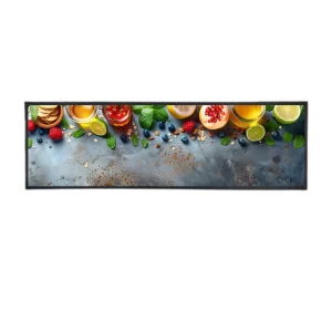 96x26cm Black Rubber Bar Mat with sublimation print of fresh fruit, drinks, and cocktails