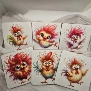 Colorful cartoon chicken coaster set of 6 – sublimated MDF wood coasters