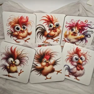 Colorful cartoon chicken coaster set of 6 – sublimated MDF wood coasters