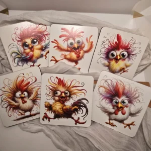 Colorful cartoon chicken coaster set of 6 – sublimated MDF wood coasters